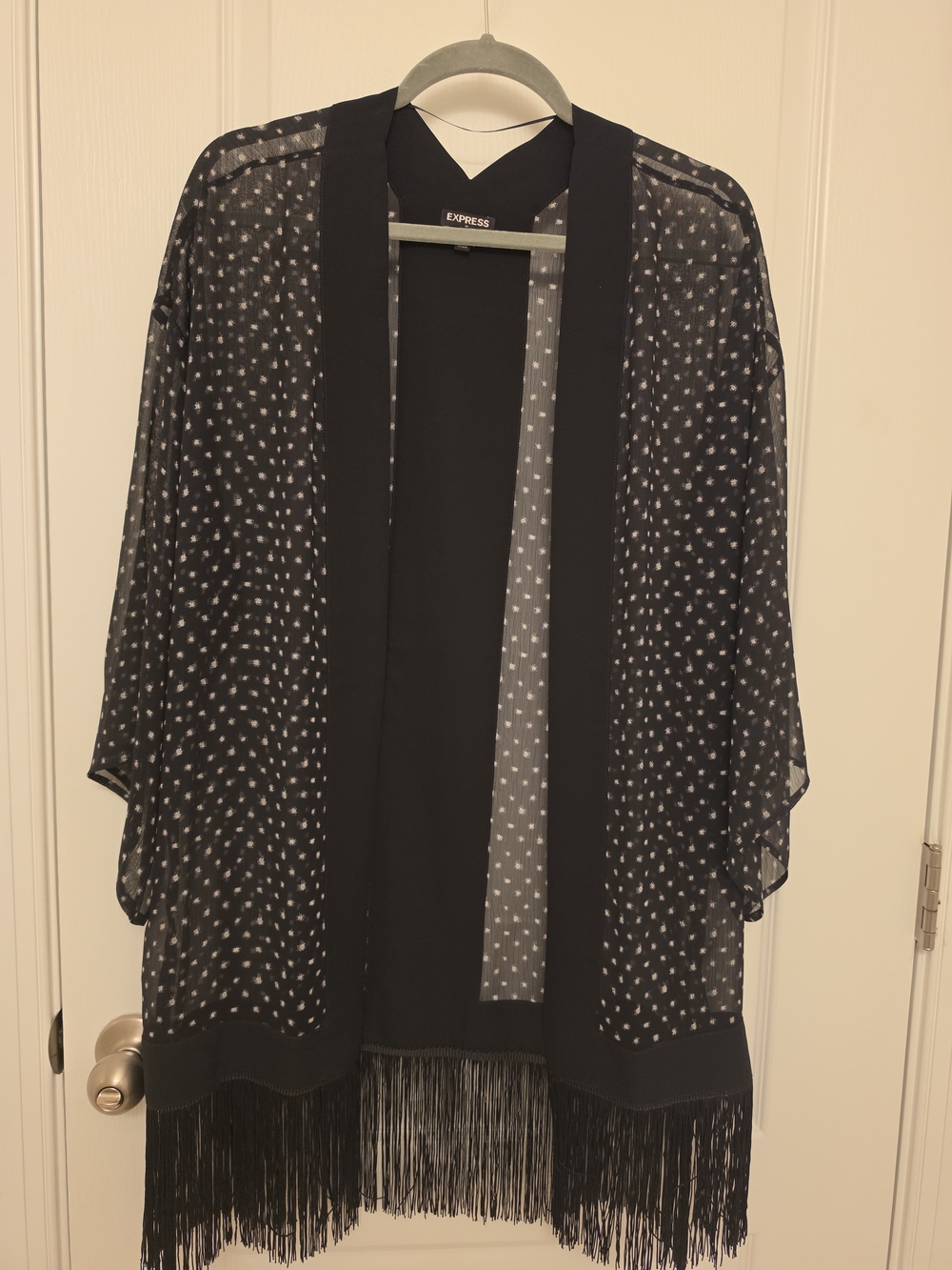 Express Black Sheer Fringe Kimono Cardigan with Polka Dot